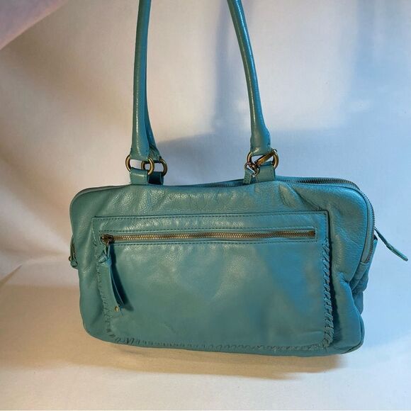 Audrey Brooke turquoise soft leather large zip satchel many compartments - Picture 10 of 16